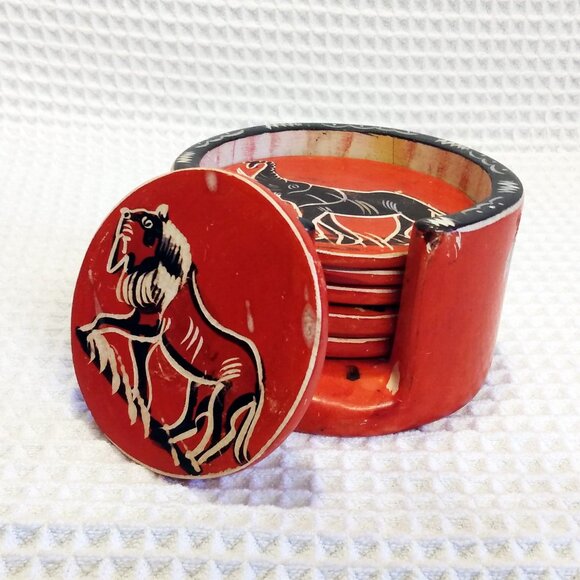 African Animals Hand Carved Kisii Soapstone Coasters-Set of 6-Black/Red/White - Picture 1 of 11